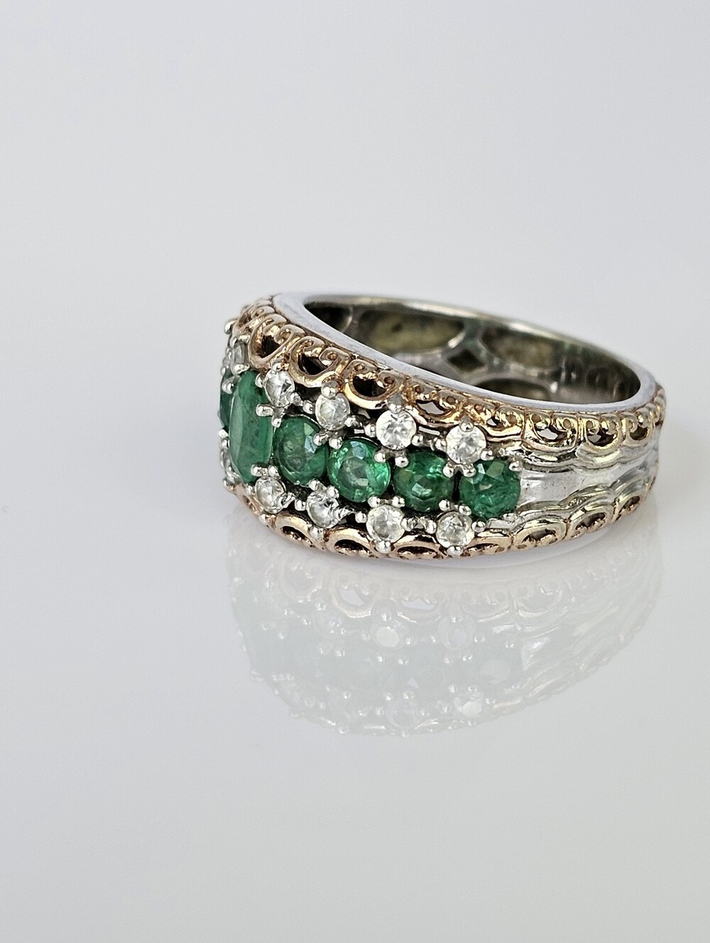 Gems en Vogue Grizzly Emerald & Zircon Palladium Sterling Silver 18k Ring Sz 8! - Picture 12 of 13